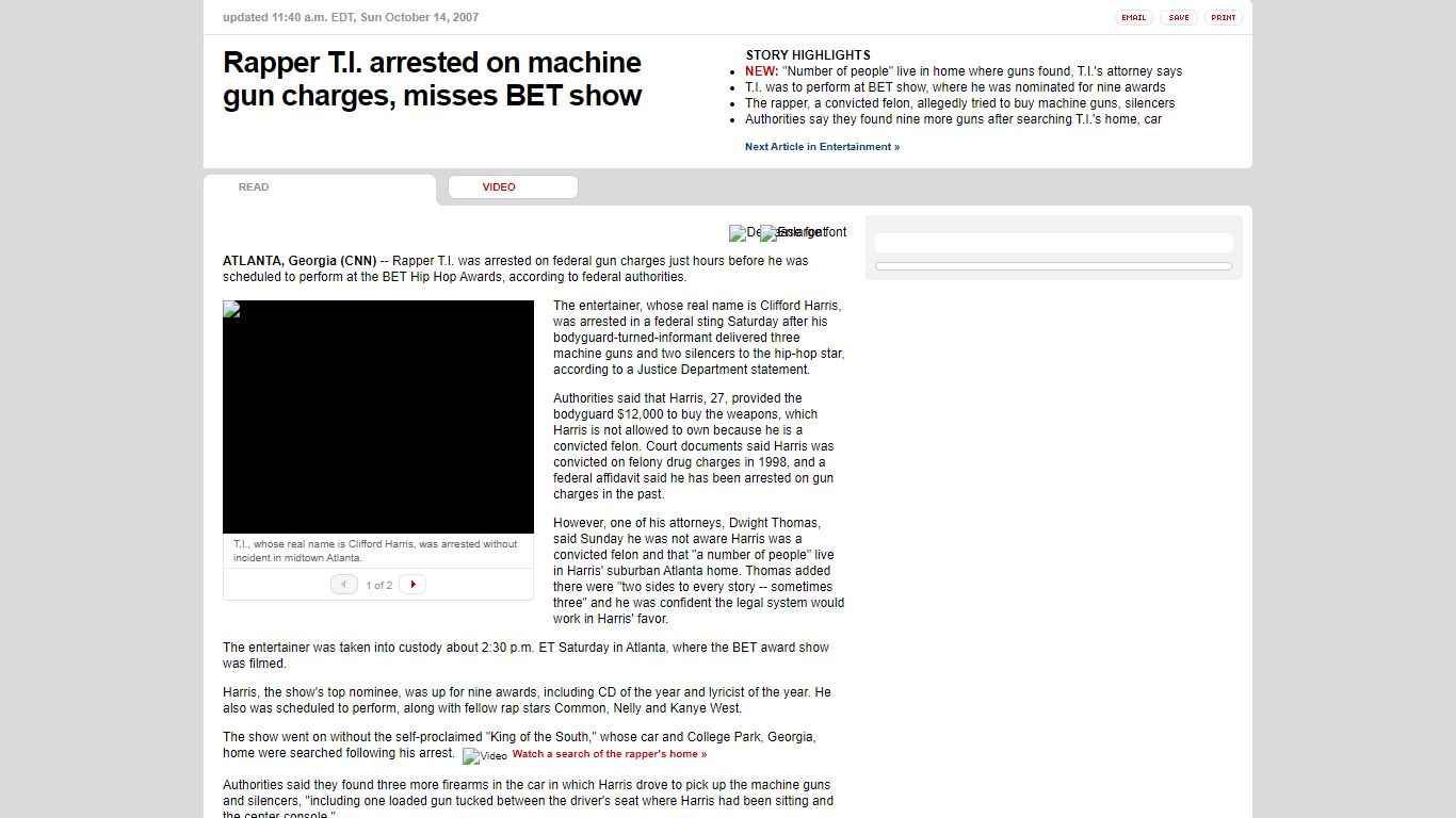 Rapper T.I. arrested on machine gun charges, misses BET ...